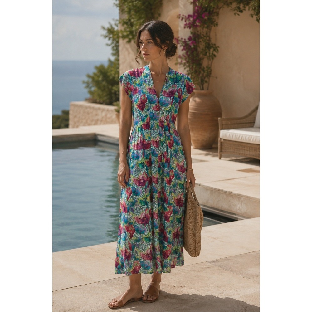 Catherine Andre Midi‎ Dress Womens EU36 (4) Floral Cotton Quiet Luxury Resort